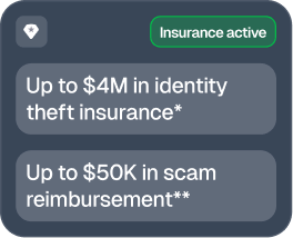 A digital card displaying identity theft insurance details with a green badge that reads "Insurance active."