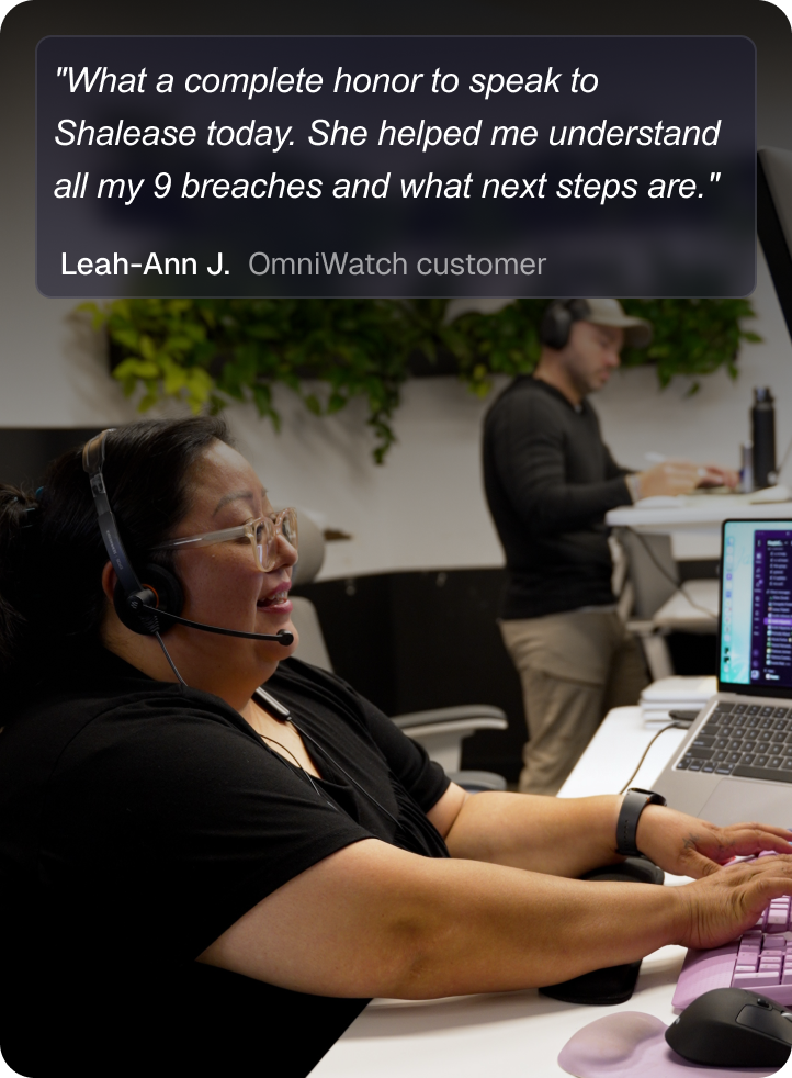 An OmniWatch specialist with a headset, with a quote from customer Leah-Ann J.