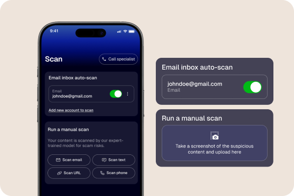 OmniWatch AutoScan screen showing connected email accounts